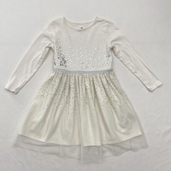 H&M Long Sleeve Sparkle Dress White Ivory Cotton Holiday Christmas Girls 5T/6 - Picture 5 of 9